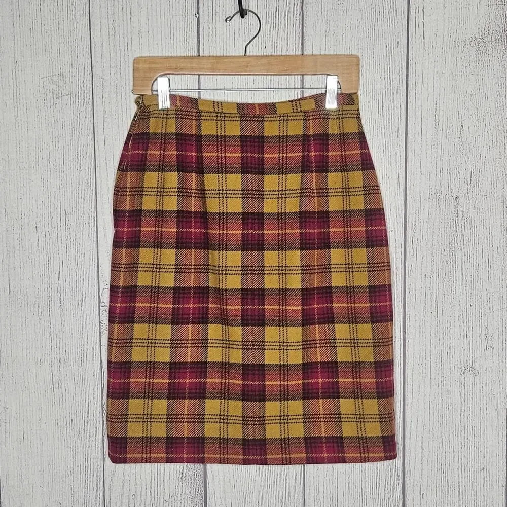 VTG 60s Jantzen Pink & Yellow Plaid Wool Skirt